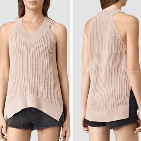 All Saints Mansen Taupe Tan Ribbed Vest - Picture 1 of 11